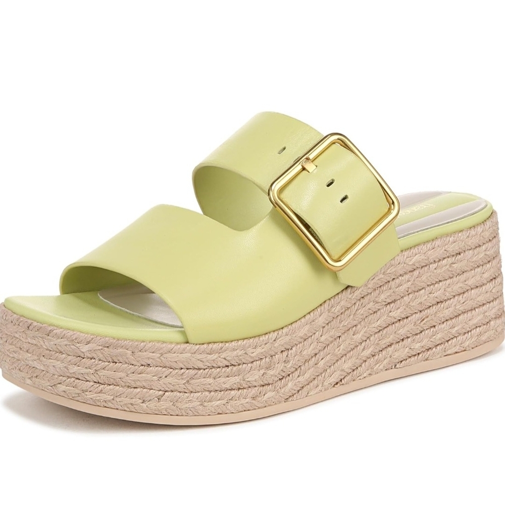 Franco Sarto Lime Green Espadrille Wedge Slide with Gold Buckle